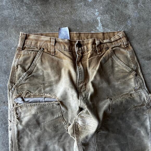 VINTAGE CARHARTT DOUBLE KNEE PANTS TAN B01 BRN USA FITS 30X30 THRASHED FADED - Picture 7 of 7